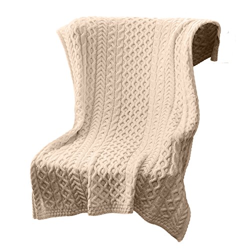 SAOL 100% Merino Wool Heavy Cable Knit Throw, 42" x 62", in Natural/Green (Natural)
