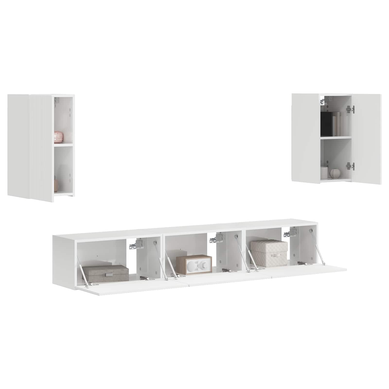 TV Schrank Wandmontiert 5er Set Hochglanz Weiß Holzwerkstoff Medienmöbel Wohnzimmer Schwebend Fernsehschrank Regal Unterhaltungscenter Aufbewahrung für TV Zubehör Gaming Konsole DVD