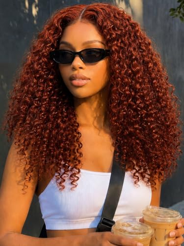 Image of KLAIYI Bye Bye Knots Glueless Wig Reddish Brown Curly Pre Cut 7x5 Lace Front Wigs Human Hair Drawstring Pre Plucked Bleached 30S Ready to Wear and Go Wig Water Wave Beginner Wigs with Baby Hair 22Inch