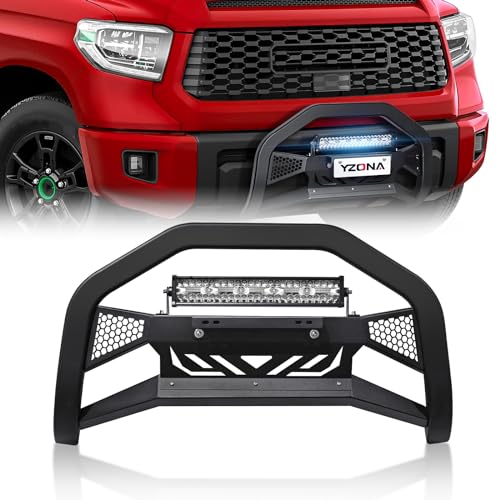 YZONA Bull Bar with License Plate Frame & LED Light Bar Compatible for 2007-2021 Toyota Tundra Truck Grille Guard Brush Push Bar Front Bumper (Include Light Mount & Skid Plate)