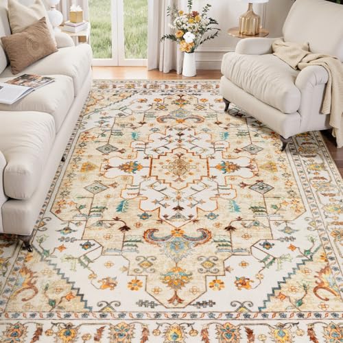SERISSA Boho Area Rug 5x7 Light Yellow, Washable Large Rugs for Living Room, Ultra Soft Non-Slip Bedroom Rug Print Distressed Vintage Farmhouse Carpet Rug for Dining Room Dorm Office Home Decor
