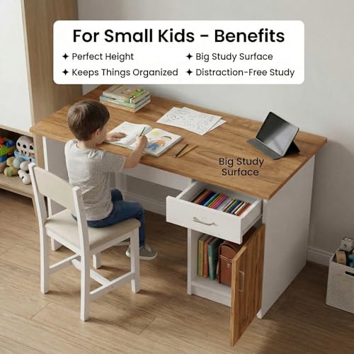 Image of FFO Wooden Computer Table with Storage - Study Desk for Students & Adults, Writing Table, Laptop Desk, Office Work Table for Home, White & Coach Wood DIY Assembly