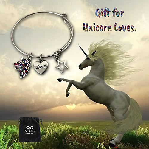 Image of Infinity Collection Unicorn Charm Bracelet with Love Heart and Star Charms Colorful Unicorn Jewelry Adjustable Stainless Steel Bangle Inspirational Gift