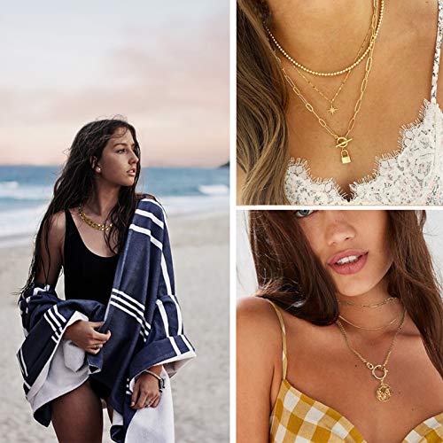 4Pcs Gold Layered Chain Necklace Set, Chunky Figaro Imitation Pearl Chian, Dainty Lock Coin Medallion Pendant Choker Gold Plated Jewelry For Women Girls (C_Chunky Chain) #TOP4