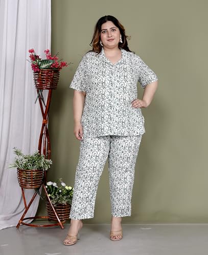 Image of Printed Shirt Style Cotton Night Suit for Women with Extra Plus Size