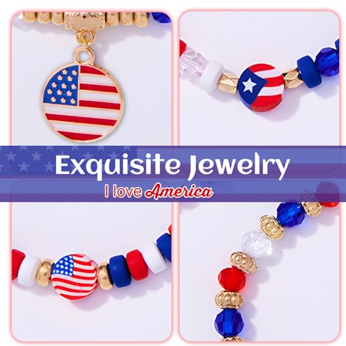4th of July Accessories USA Patriotic Bracelets for Independence Day Red White and Blue American Flag Stretch Bracelets for Women Girls Boys4