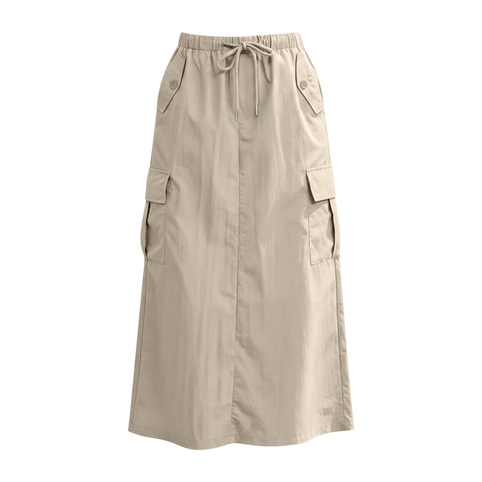 Langer Rock Damen Sommerrock Midirock Elegant Lang Cargo Rock mit Schlitz Hinten Wanderrock Sommer Cargorock Einfarbiges Lässig Sportrock mit Elastische Taille und Kordelzug Freizeitrock