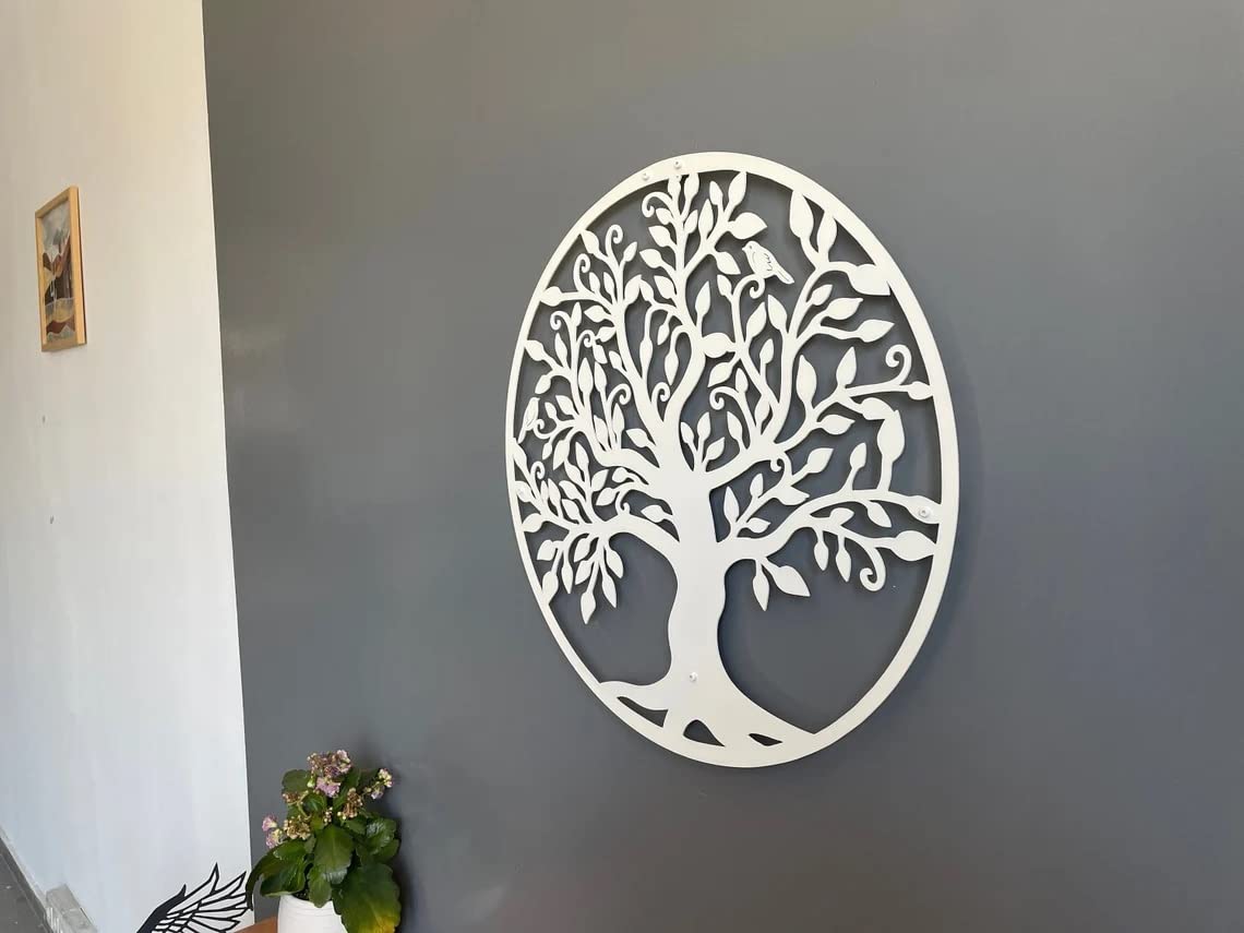 DEKADRON Arte de pared de metal, Arte de pared árbol de la vida, signo de árbol genealógico de metal, blanco (60x60cm)