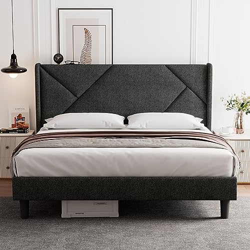 iPormis King Size Platform Bed Frame with Headboard, Upholstered Bed Frame with Solid Wood Slats, 8´´ Storage Space, No Box Spring Needed, Easy Assembly, Dark Grey