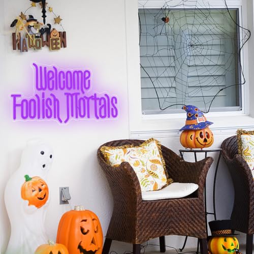 Image of Welcome Foolish Mortals Neon Sign, Halloween Neon Light Spooky Gothic Haunted Mansion LED Coffin Decor USB Powered, for Horror Movie Party Haunted House Man Cave Home Room Themed Bars(16.1 * 9.4 In)