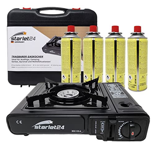 Preisvergleich Produktbild Starlet24® Campingkocher Set - Autarker Gaskocher mit 4 Butangaskartuschen & Transportkoffer, Einfache Bedienung, Piezo-Zündung - Ideal für Outdoor, Wandern, Camping & Notfälle