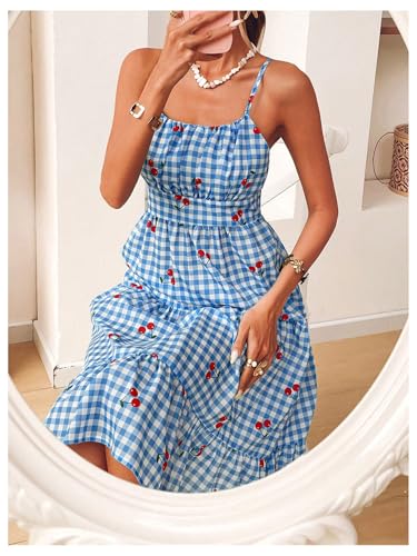 Image of MakeMeChic Women's Cherry Gingham Cami Dress Spaghetti Strap Ruffle Tiered Summer Midi Dresses Blue Large