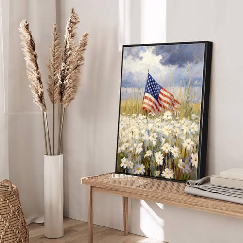 Image of American Flag Framed Canvas Wall Art, 4th of July Floral Canvas Prints, Wildflower Landscape Patriotic Decorations, Vintage Rustic Independence Day Wall Decor for Bedroom Living Room Office 12x16