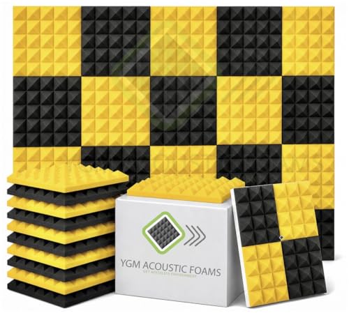 Image of YGM Acoustic Foams Pyramid Acoustic Panels 1 Footx1 Footx2inch Thick, 50 Density Acoustical Sound Proof Foam for Room, Studio, Echo Reduction & Noise Absorption (Black & Yellow, Set of 126)