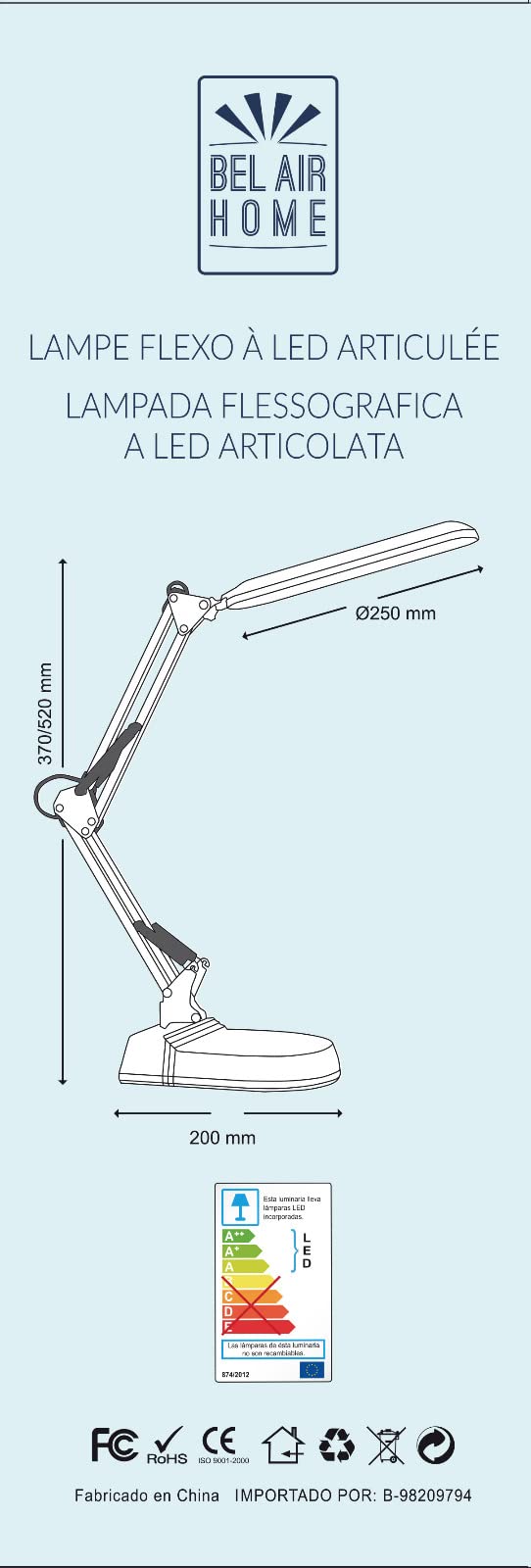BEL AIR HOME - Lámpara Flexo Led 10W de Escritorio Articulable Bridge - Protección ocular - 3 temperaturas de luz 3000-4000-6000K (BLANCO)