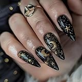 24 Stk Press on Nails Mandel, Faux Ongles Noirs Design Lune Étoiles, Ongles Acryliques pour Femmes, Filles, Débutantes pour Soirées, Quotidien, Manucure DIY