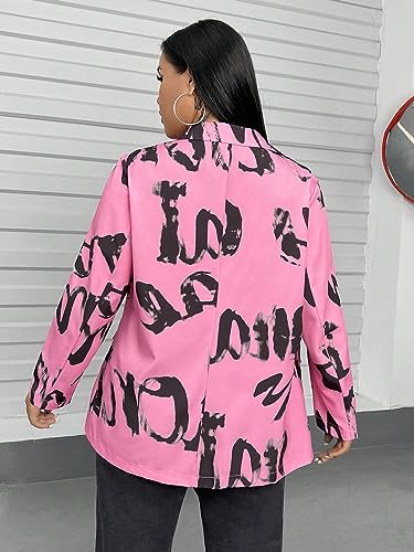 WDIRARA Women's Letter Graphic Printed Long Sleeve Plus Size Casual Blazer Jackets with Flap Pockets2