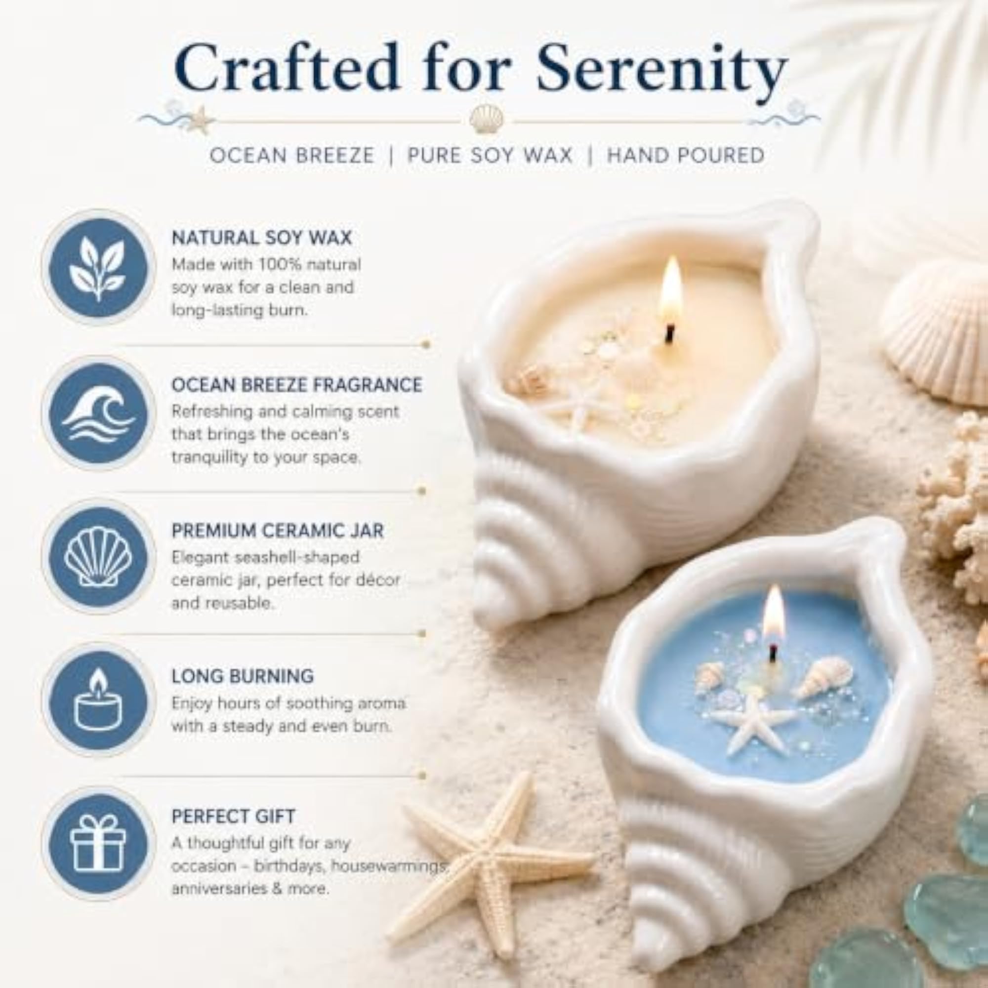 Ocean Breeze Scented Soy Wax in Premium Shell-Shaped Ceramic Jar
