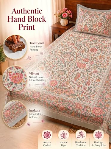 Image of Mafatlal 144 TC Heritage 100% Cotton Traditional Jaipuri Print Single Size Bedsheet (90x60 Inches) with Matching Pillow Cover - Flat, Multicolor