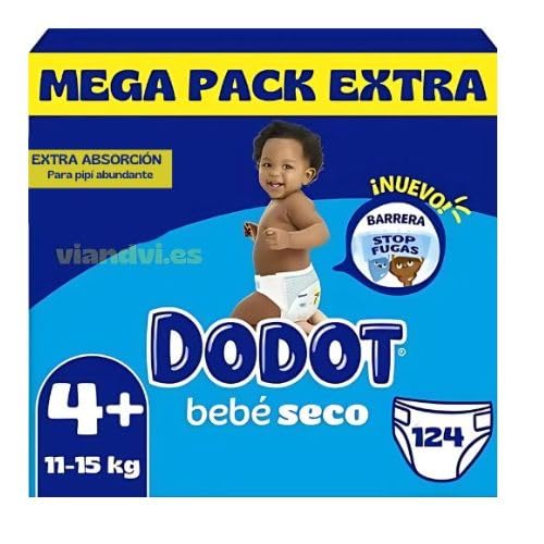 Dodot Bebé Seco Extra Absorción Talla 4+ (10-15 kg) Pack Ahorro 124 Pañales | Protección Nocturna | Hasta 12h Seco | Barreras Antifugas | Ajuste Cómodo para el Bebé