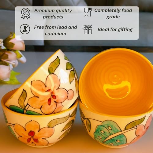 Image of Niyara Stoneware Handmade Ceramic Stylish Premium Serving Bowls /Salad Tray Microwave Dishwasher Safe (Yellow Floral Bowl)