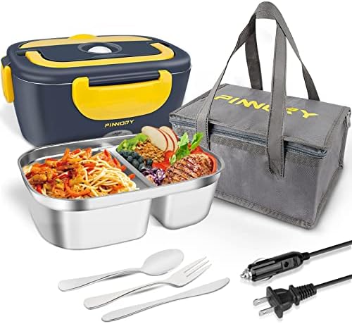 Electric Lunch Box, 60W Food Warmer, Heated Lunch Boxes for Adults, Heating Lunch Box for Work, Support 12V/24V/110V for Truck/Car/Work/Home, 304 Stainless Steel Container, Fork/Spoon/Knives, 1.5 L