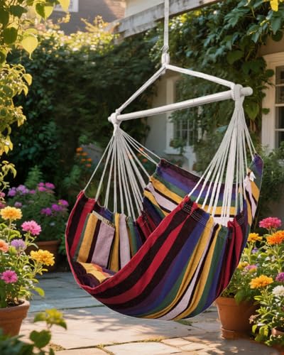 Image of Lulladle Hammock Chair Hanging Rope Swing for Bedrooms - Indoor and Outdoor Swing Chair - Max Weight 500 Lbs - Rainbow