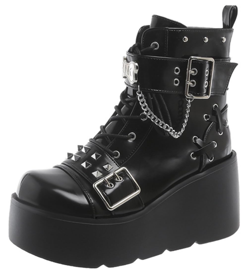 Solid Color Y2k Zip Lace Up Wedge Thick Sole Punk Boots Womens Gothic Ankle Booties with Adjust Metal
