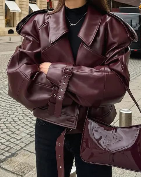 Women's Spring Streetwear Pu Lapel Fashionable Adjustable Cuffs Motorcycle Jacket2