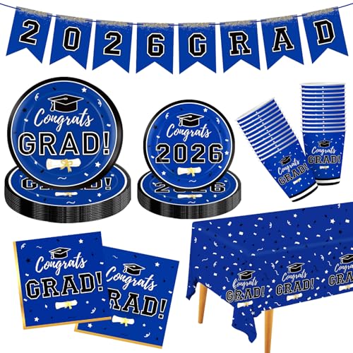 Graduation Decorations 2026 Disposable Blue Graduation Tableware Kit for 25 Guests Plates Napkins Cups Tablecloth Hanging Graduation Party Decorations 2026