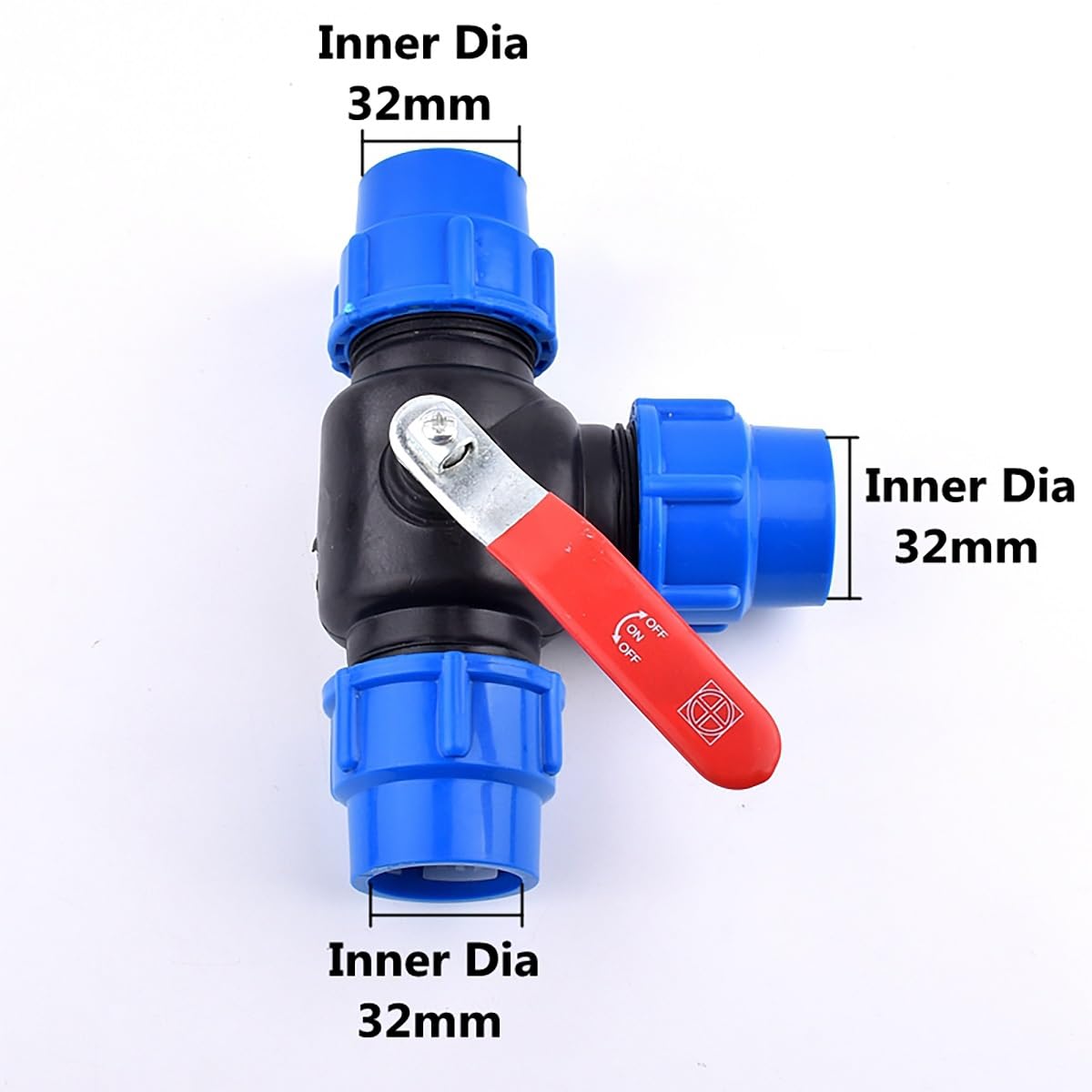 Junta de compresión T de válvula T de Tres vías, tubería de Agua de 25 mm/32 mm/40 mm/50 mm Válvula de Bola de plástico de Acero de Acero con Conector rápido de 3 vías PVC PE Conexión rápida/32 mm