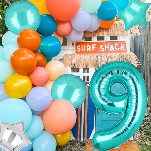 Image of Teal Blue Number 9 Balloons 40 Inch 9th Birthday Mermaid Theme 5 Pcs | Big Helium Mylar Digital Balloon Anniversary Wedding Party Decor Supplies
