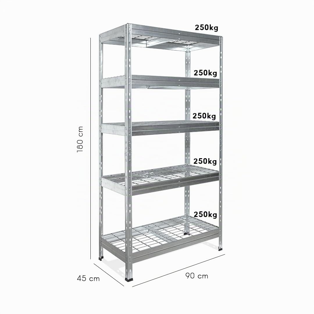 Rivet Schwerlastregal mit Stahlgitter-Boden 180x90x45cm(HxBxT) 5 Böden 250 kg pro Boden verzinkt