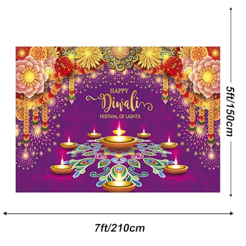 Image of 7x5ft Diwali Backdrop Fabric Purple Happy Diwali Festival of Lights Photography Background Extra Large Banner Room Decor