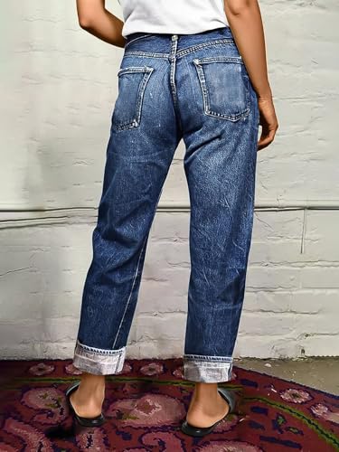 Flamingals Straight Leg Jeans for Women Mid Rise Casual Barrel Roll Hem Ripped Wash Denim Cropped Pants4