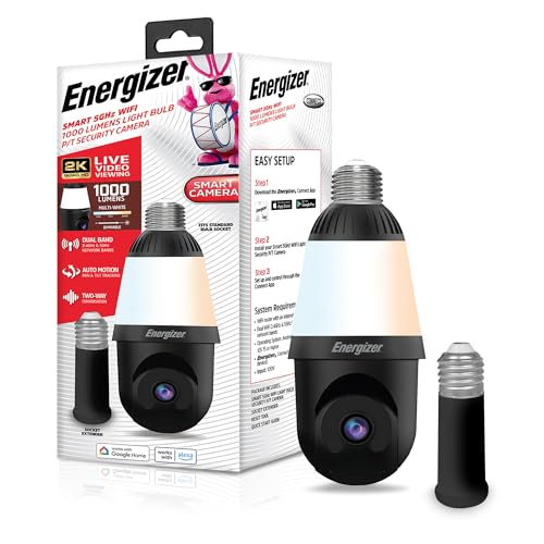 Energizer Smart 2K Light Bulb Security Camera, 1000 Lumens LED Light, 5GHz & 2.4GHz Wi-Fi Outdoor Socket Camera, Auto Tracking, Pan and Tilt, Night Vision, 2-Way Audio, Works with Google Home & Alexa