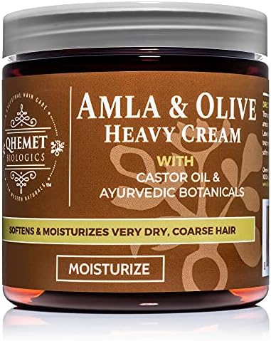 Qhemet Biologics Amla & Olive Heavy Cream - Moisturizing Balm for Extremely Dry & 4C Hair - Adds Soft, Supple Moisture & Hydration to Afros, Coils, Curls, Puffs, Twists, Braids, Locs & More (8.9 oz)