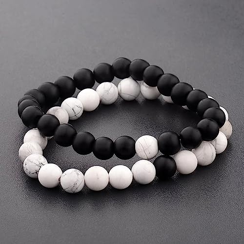 Image of Fashion Frill Stylish Couple Bracelets Black & White Red Natural Stone Onyx Stretchable Wrist Band Heart Magnetic Bracelet For Women Men Boys Girls Love Gifts Friendship Promise Bracelets