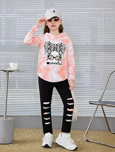 Image of Girls Clothes Cool Girl Print Tie Dye Hoodie Pullover Sweatshirts Leggings Teen Girl Clothes 6-14 Years