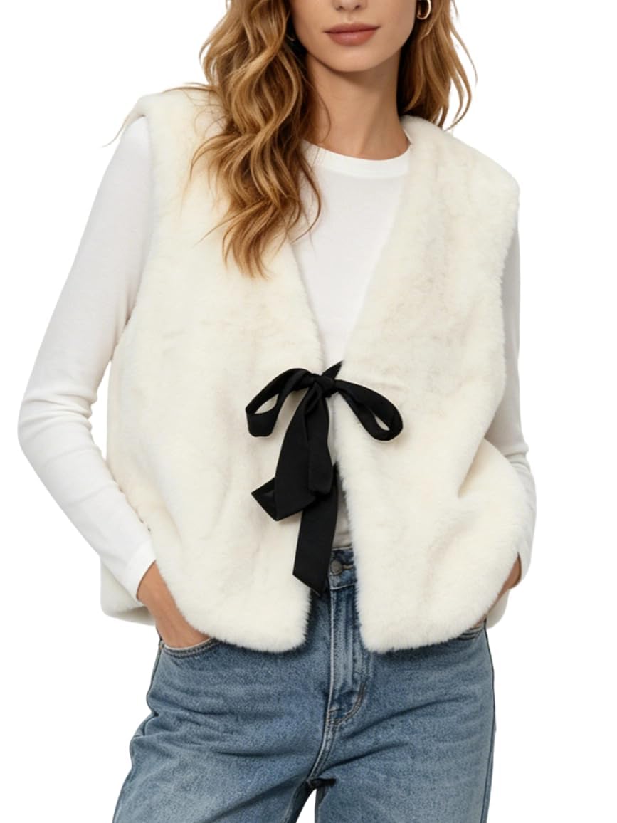 Amazhiyu Gilet en fausse fourrure pour femme - Gilet sans manches en fausse fourrure duveteuse pour l'hiver et le printemps - Cardigan décontracté à nouer - Gilet léger en fourrure