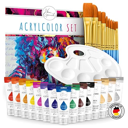 Amandi Juego de pinturas acrílicas Van Gaunet, 16 pinturas acrílicas con pigmento de 75 ml y 10 pinceles, resistente al agua, para papel, piedra, madera, cerámica, tela, lienzo y cristal