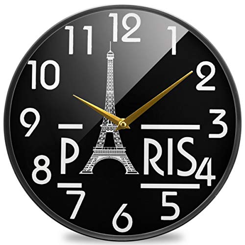 Naanle Chic Romantic Paris with Eiffel Tower Round Wall Clock, 12 Inch Silent Battery Operated Quartz Analog Quiet Desk Clock for Home,Office,School(Black White)