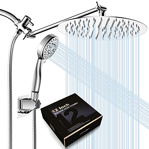 12 Inch Rain Shower Head with Handheld Spray Combo, Dual Detachable Rainfall Shower Heads with 13.5â€™â€˜ Extension Arm,Chrome Plated Bathroom High Pressure Waterfall Hand Held Showerhead with Hose Holder