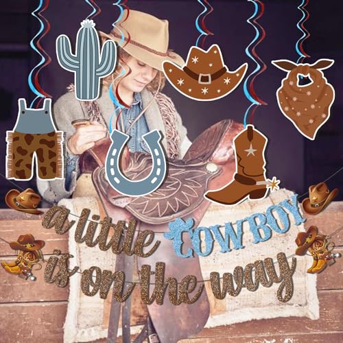 Image of A Little Cowboy Is On The Way Banner Cowboy Baby Shower Decorations Western Baby Shower Decorations with Cowboy Decorations Hanging Swirls Cowboy Party Decorations for Baby Boy Shower Decorations