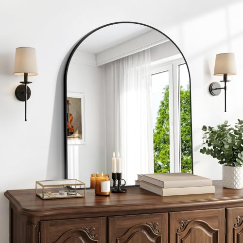 Image of BONEWEI Arched Wall Mirror,30x36 inch Black Arched Mirror Bathroom,Vanity Mirror for Over Sink Metal Frame,Tempered Glass Arch Mirrors for Bedroom,Entryway,Living Room,Home Decor Shatter-Proof