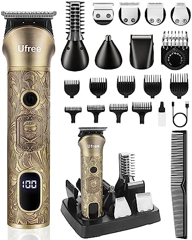 Ufree All-in-One Haarschneidemaschine, Profi Barttrimmer Haartrimmer Herren | Edelstahlklingen, Haar, Bart, Koteletten, Nase, Körper, USB-C, LED Display, 1-10 mm Verstellbarer Kamm