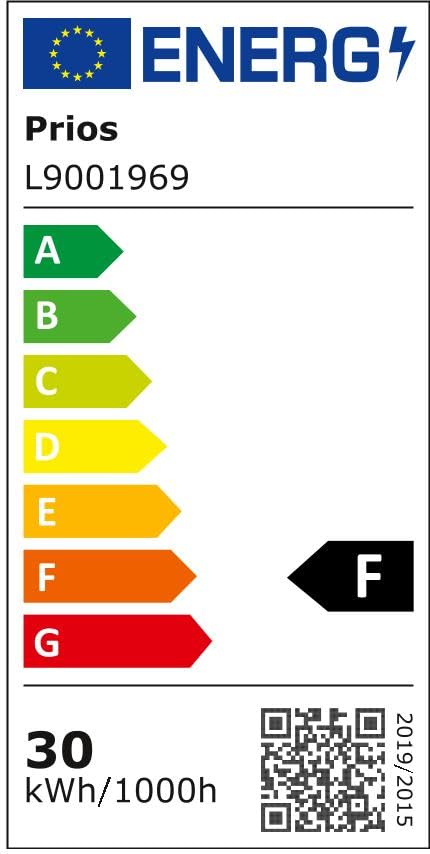 Energy efficiency label for the PRIOS Aureka LED Ceiling Light, showing class F.