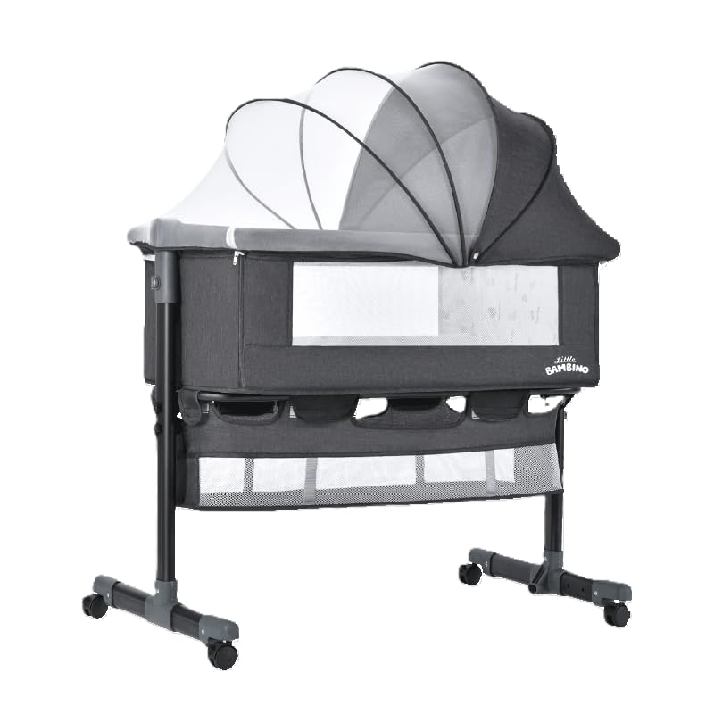 Bedside Crib for Baby, Bassinet Sleeper with Wheels, Height Adjustable, Tilts & Rocks, with Mosquito Nets, Large Storage Bag, for Infant/Baby/Newborn (Dark Grey)