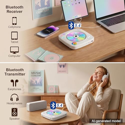 Image of Gueray Portable CD Player Bluetooth: CD Players for Home Rechargeable Desktop Wall Portable CD Player with Bluetooth & Dual Speakers 1800mAh Boombox FM Radio MP3 Music Player (Light White)
