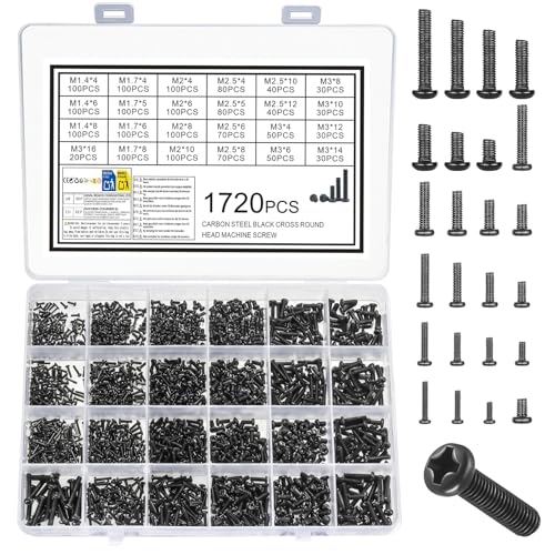 1720 PC Schrauben Set, M1.4 M1.7 M2 M2.5 M3 Brillenschrauben Kleine Schrauben Set, Gewindeschrauben Set, M.2 SSD Schraubens， Kreuzschlitz Rundkopfschrauben für Laptop PC Computer Schraubens